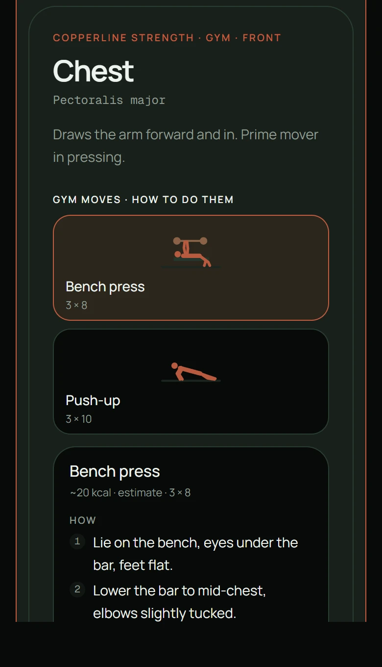 A muscle's moves on a phone, with sets, reps, a rough calorie estimate and numbered steps