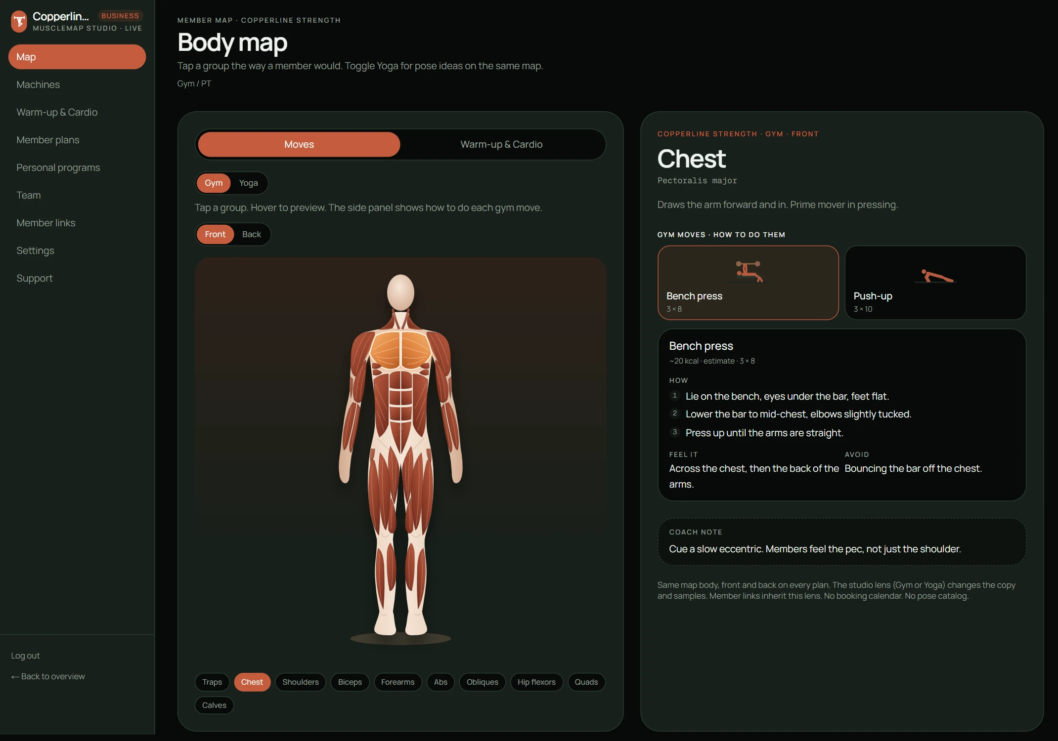MuscleMap body map: a muscle figure with the chest selected and a side panel showing the moves for it