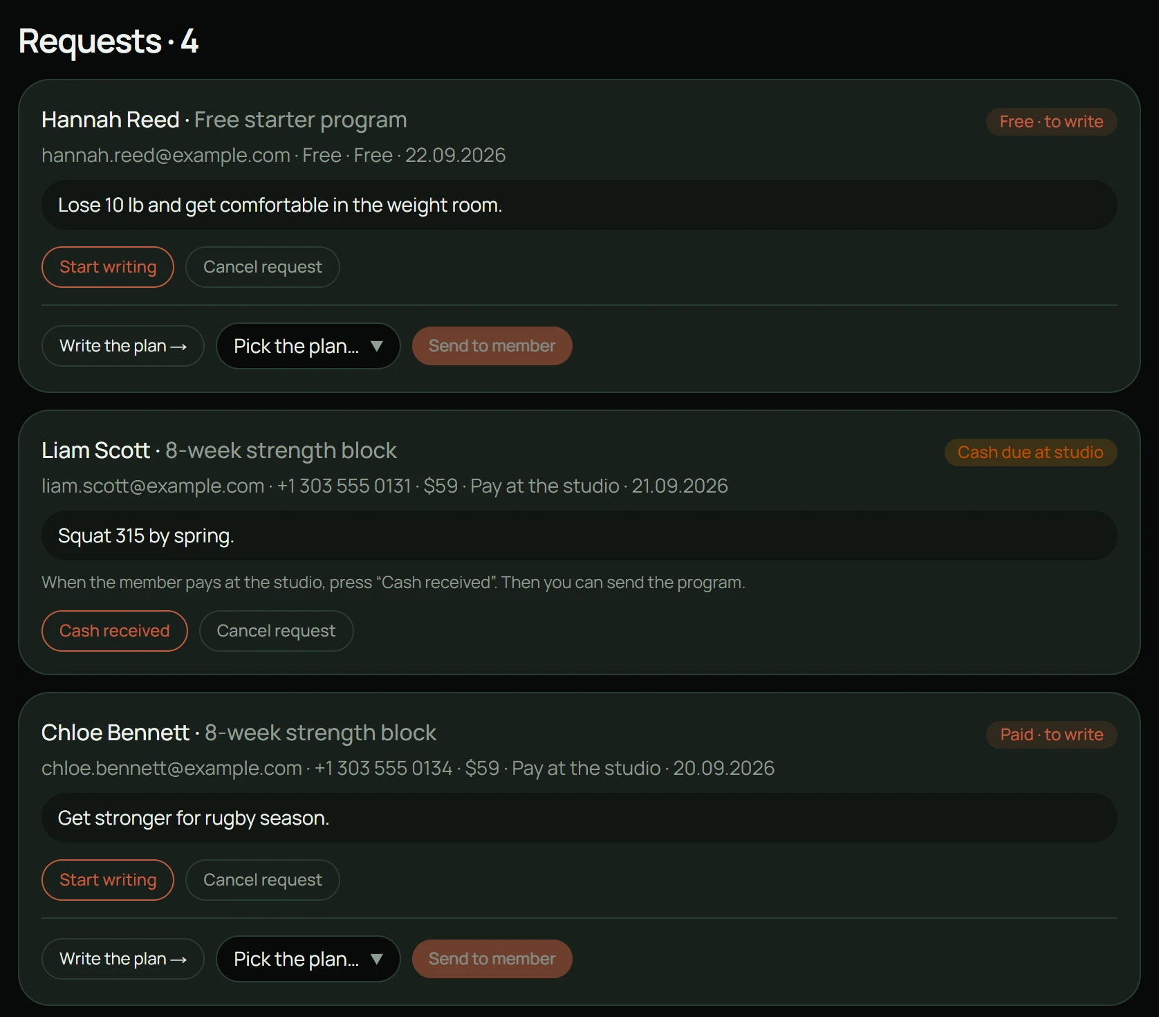 Personal program requests with their status: free, cash due at the studio, paid and to write