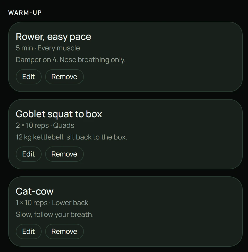 The gym's own warm-up suggestions, such as an easy row, goblet squats and cat-cow